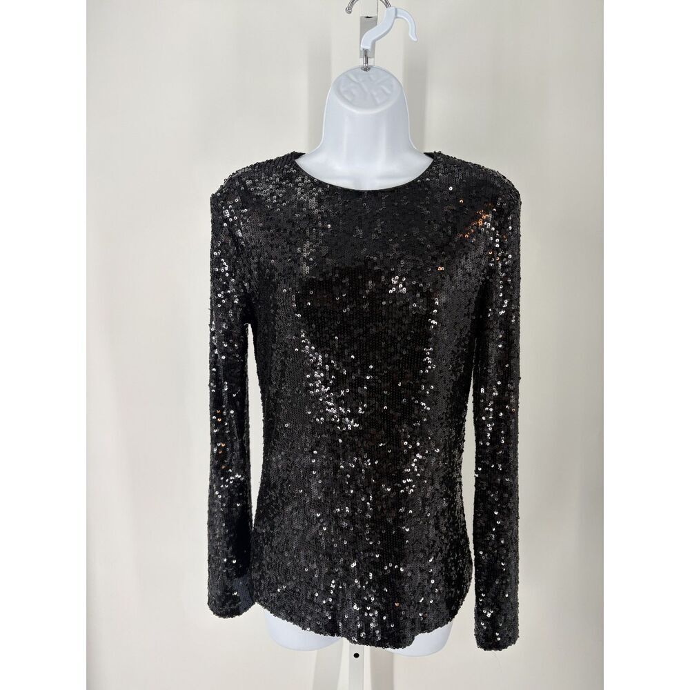 Tory Burch Black Sequin Long Sleeve Top Sparkly Party Evening Blouse
